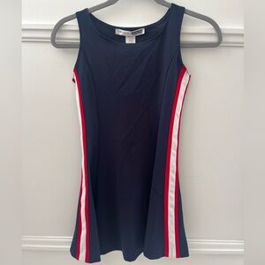 Girls Navy Blue Skater Dress with Red and White Stripe